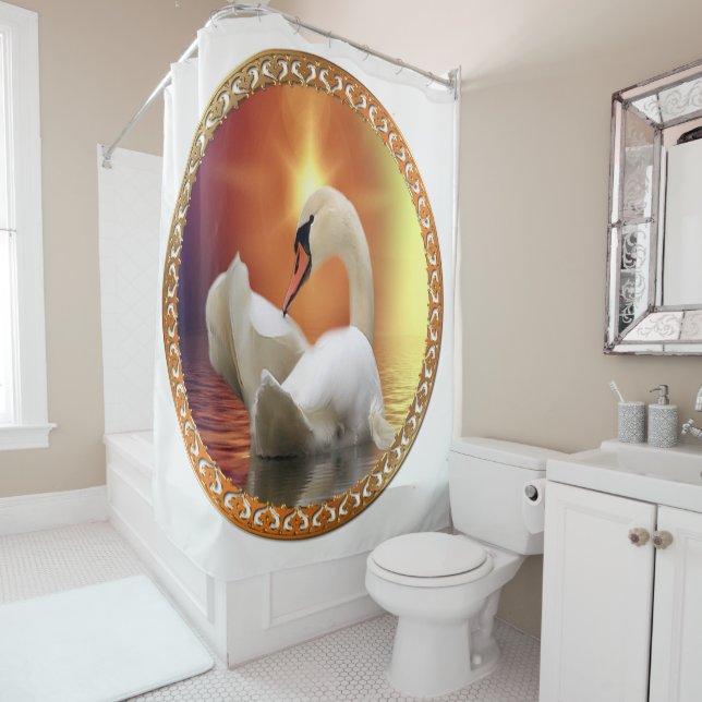 White Swan with gold and orange backdrop Shower Curtain (In Situ)