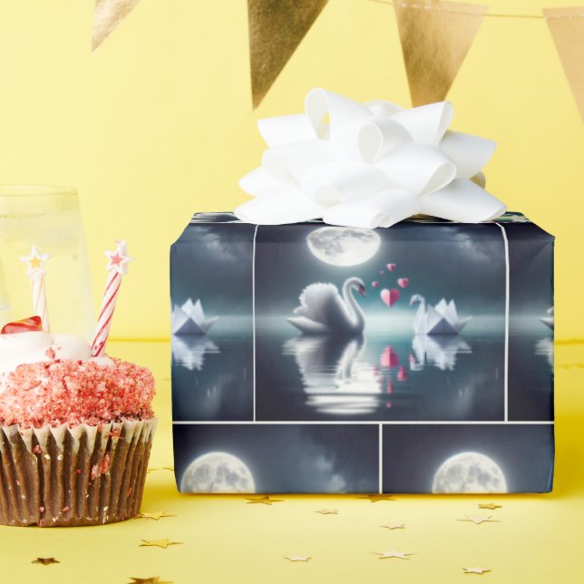 White Swan With Origami Swan and Hearts Wrapping Paper (Birthday Party)