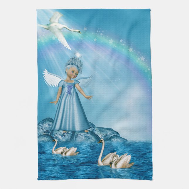 White Swans And Angel Tea Towel (Vertical)