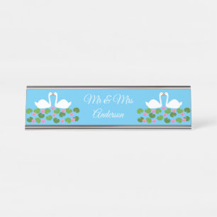 White Swans and Water lilies Wedding Custom Desk Name Plate