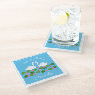 White Swans and Water lilies Wedding Custom Glass Coaster