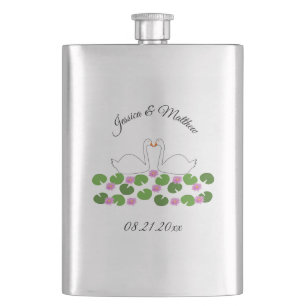 White Swans and Water lilies Wedding Custom Hip Flask