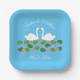 White Swans and Water lilies Wedding Custom Paper Plate