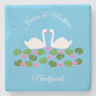 White Swans and Water lilies Wedding Custom Stone Coaster
