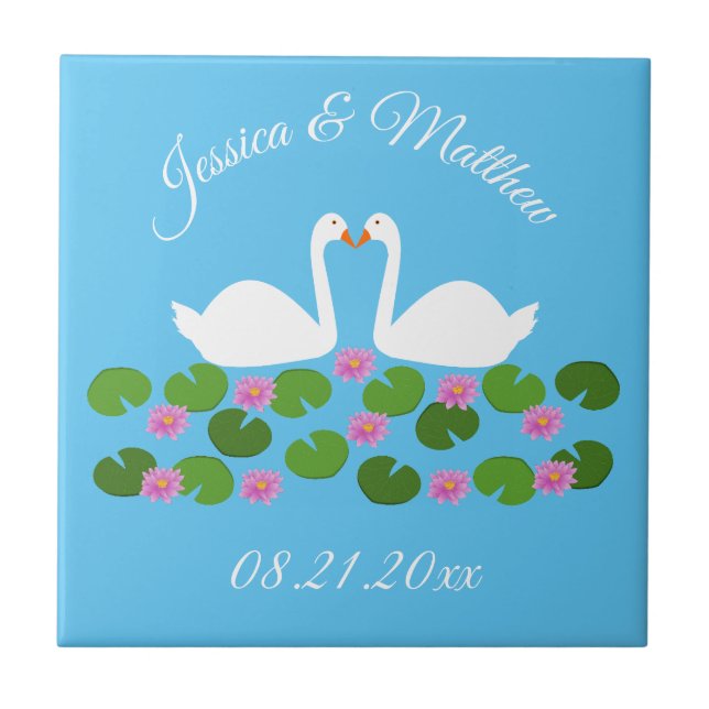 White Swans and Water lilies Wedding Custom Tile (Front)
