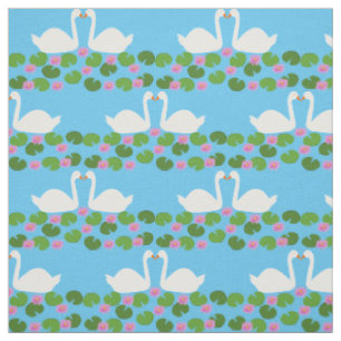 White Swans and Water lilies Wedding Patterned Fabric