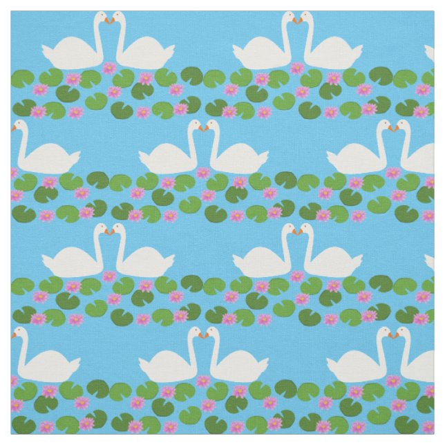 White Swans and Water lilies Wedding Patterned Fabric (Swatch)