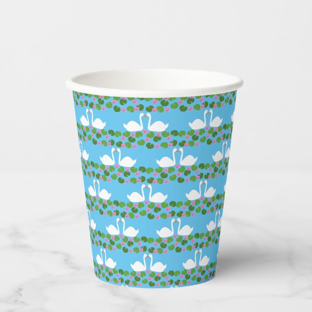 White Swans and Water lilies Wedding Patterned Paper Cups (Front)