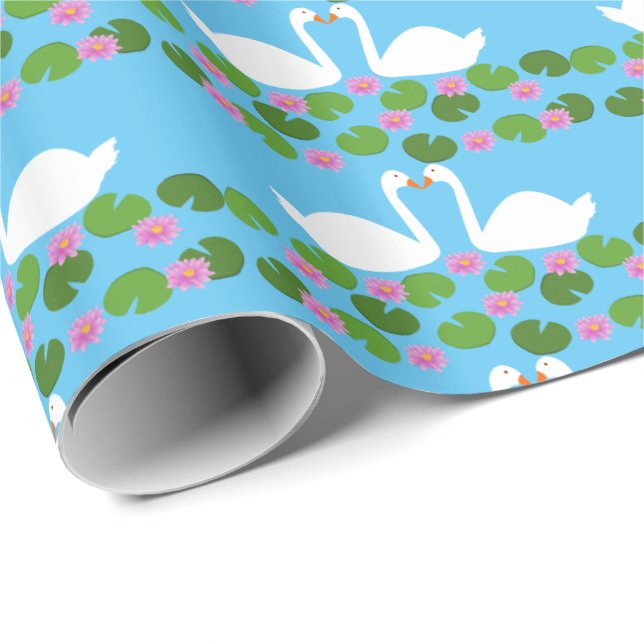 White Swans and Water lilies Wedding Patterned Wrapping Paper (Roll Corner)