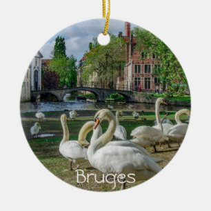 White swans in Bruges downtown Ceramic Tree Decoration