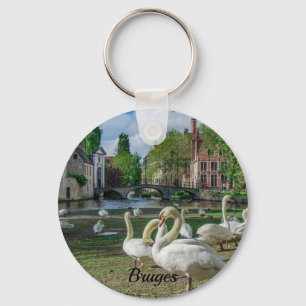 White swans in Bruges downtown Key Ring