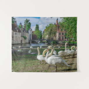 White swans in Bruges downtown Tapestry