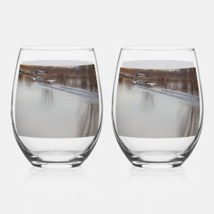 White Swans in Flight/At Dusk Wine Glasses