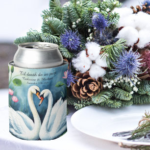White Swans In Love Watercolor Lotus Lake Wedding Can Cooler