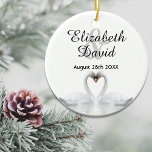 White swans in love with names wedding ceramic tree decoration<br><div class="desc">Two beautiful swans in love on a lake bending their heads toghether and forming a heart. White elegant background.  Template for your names and date. Black letters. 
A swan couple stay together for life,  so they are the perfect symbol of love.</div>