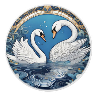 White Swans on Lake Art Nouveau Bird Art Deco Blue Ceramic Knob