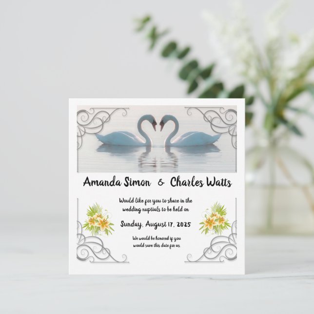 White Swans Save the Date Invitation (Standing Front)