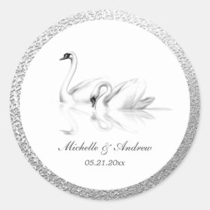 white swans textured silver monogram wedding classic round sticker