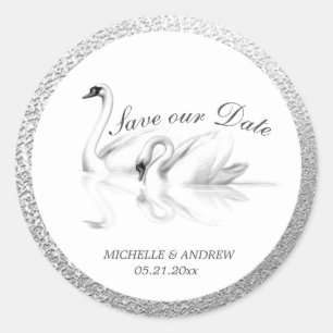 white swans textured silver save the date classic round sticker