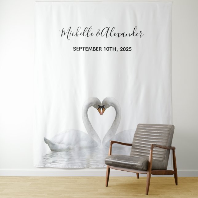 White swans wedding photo backdrop tapestry (In Situ)