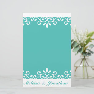 White Swirl Bride Groom Teal Elegant Wedding Stationery