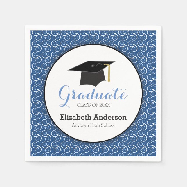 White Swirl on Blue, Personalised Graduation Napkin (Front)