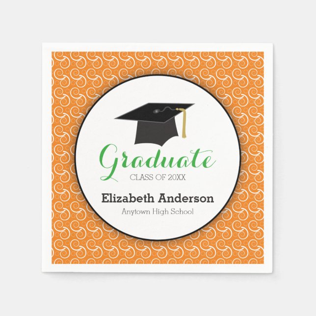 White Swirl on Orange, Personalised Graduation Napkin (Front)