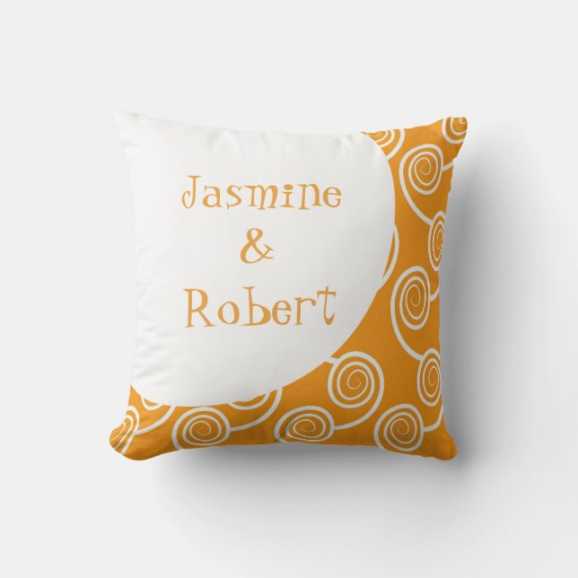 White Swirl Orange Monogram Wedding Keepsake Cushion (Front)