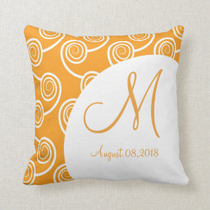 White Swirl Orange Monogram Wedding Keepsake Cushion