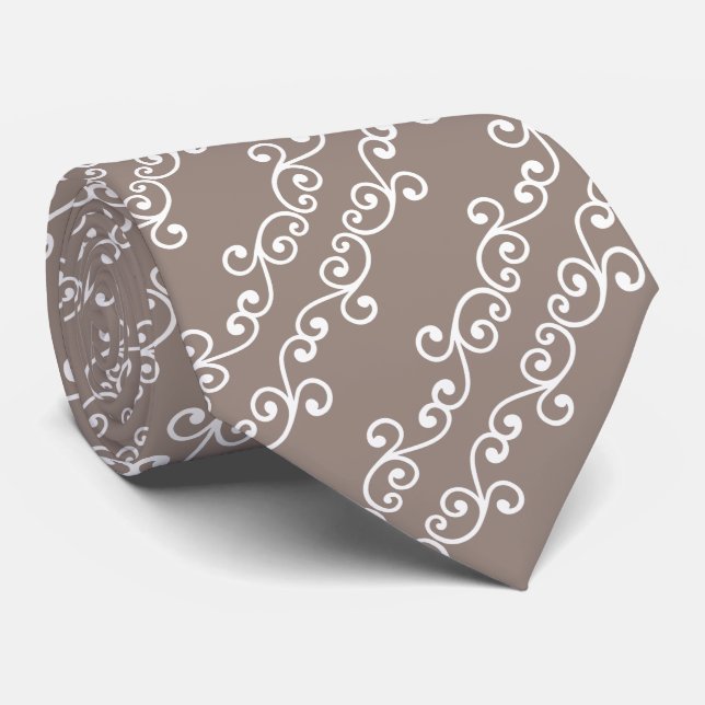 White Swirl Vector Pattern on Beige Tie (Rolled)