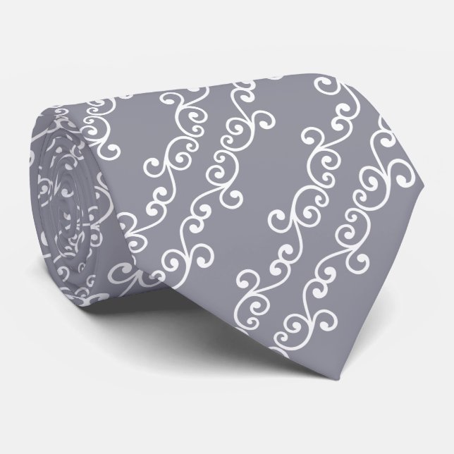 White Swirl Vector Pattern on Silver Grey Tie (Rolled)