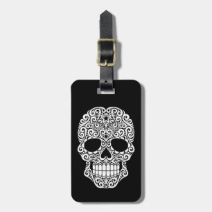 White Swirling Sugar Skull on Black Luggage Tag