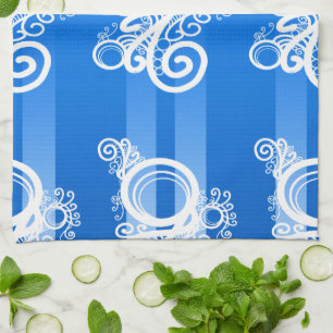 White Swirls Art Nouveau And blue Chic Stripes Tea Towel