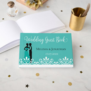 White Swirls Bride Groom Teal Elegant Wedding Gues Guest Book