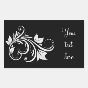 White swirls, leaves on black rectangular sticker