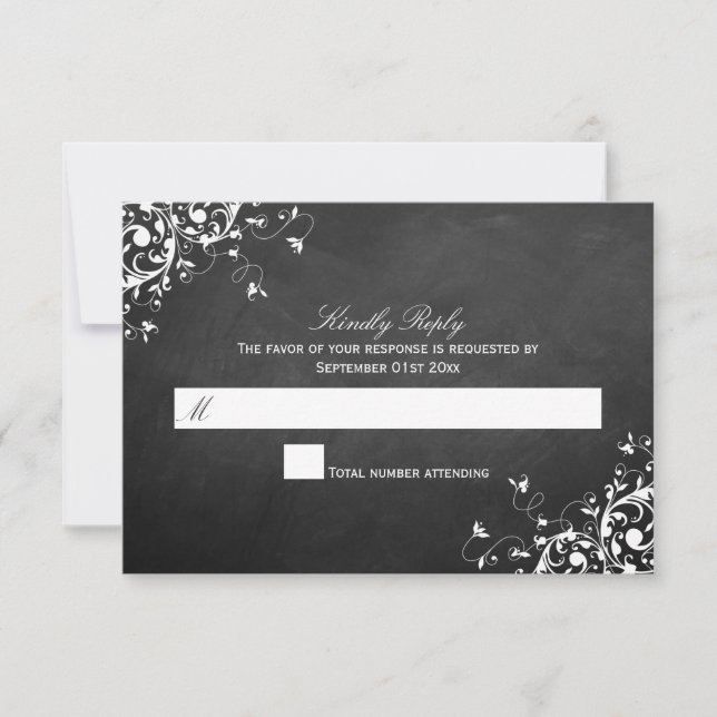 White Swirls On Chalkboard Wedding RSVP Cards (Front)