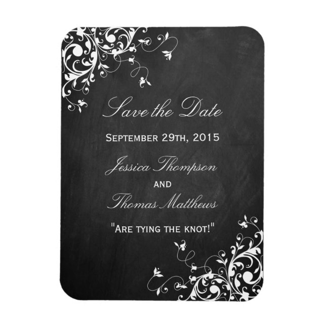 White Swirls On Chalkboard Wedding Save The Date Magnet (Vertical)