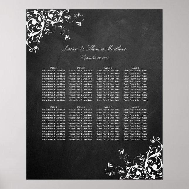 White Swirls On Chalkboard Wedding Seating Chart (Front)