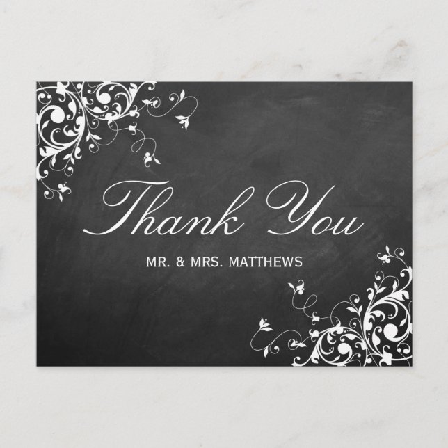 White Swirls On Chalkboard Wedding Thank You Postcard (Front)