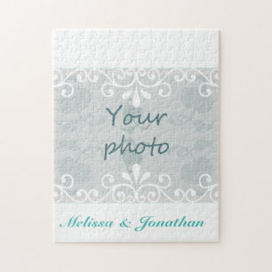 White Swirls, Teal text bride groom Wedding Photo Jigsaw Puzzle