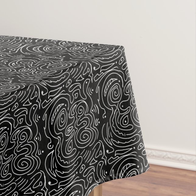 White Swirly Abstract Lines on Black Tablecloth (In Situ)