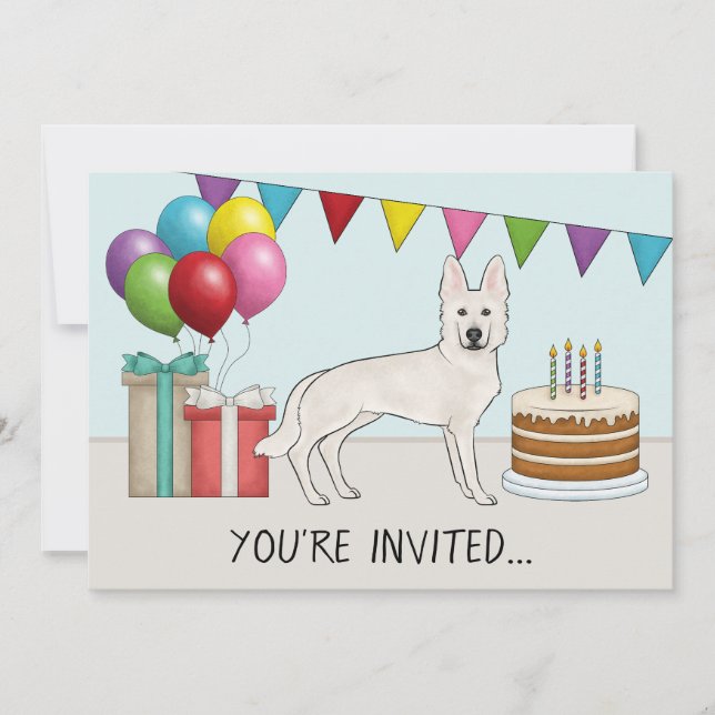 White Swiss German Shepherd Dog Colourful Birthday Invitation (Front)