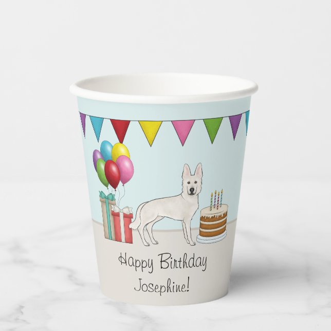 White Swiss German Shepherd Dog Colourful Birthday Paper Cups (Front)