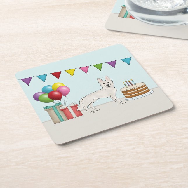 White Swiss German Shepherd Dog Colourful Birthday Square Paper Coaster (Angled)