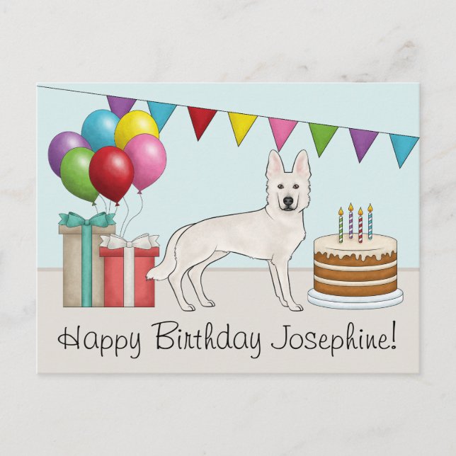 White Swiss Shepherd GSD Colourful Happy Birthday Postcard (Front)