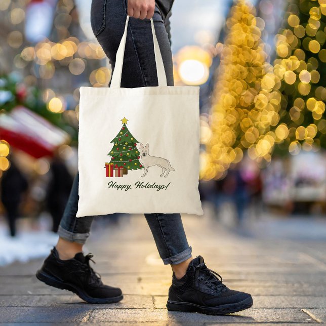 White Swiss Shepherd GSD Dog Green Christmas Tree Tote Bag (Please note: This image is a digital mockup. The product may not be in scale.)