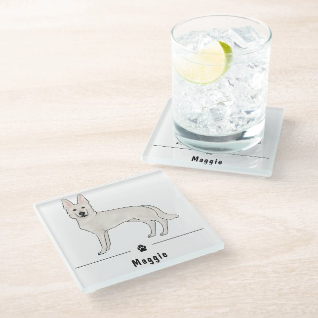 White Swiss Shepherd White GSD And Paw Custom Name Glass Coaster (Angled)