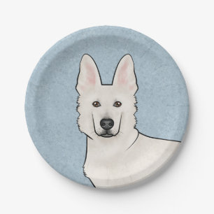 White Swiss Shepherd White GSD Cute Dog Head Blue Paper Plate