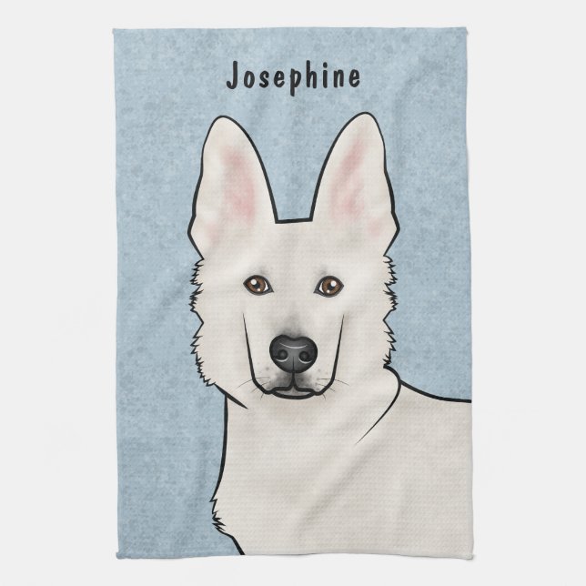 White Swiss Shepherd White GSD Cute Dog Head Blue Tea Towel (Vertical)