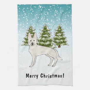 White Swiss Shepherd White GSD Dog Winter Forest Tea Towel
